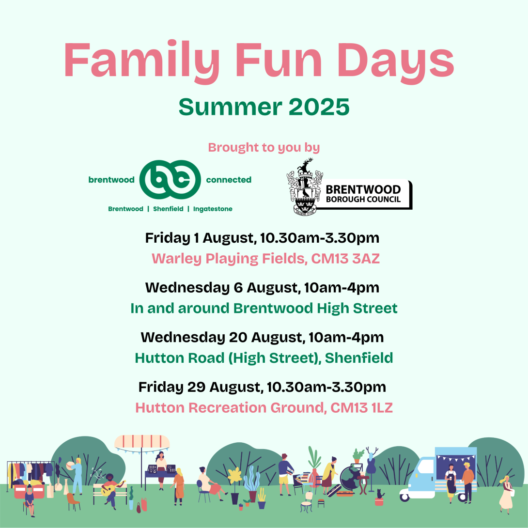 Poster promoting Family Fun Days in August 2025 from Brentwood Borough Council and Brentwood Connected.