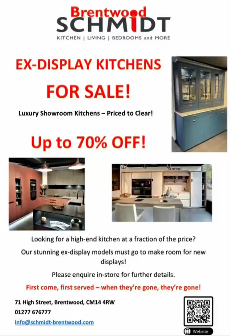 Poster promoting up to 70% off ex-display kitchens at Schmidt Kitchens & Interior Solutions.