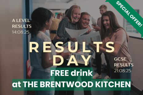 Image promoting free drink at The Brentwood Kitchen on exam results days (A Levels - 14 August, GCSEs - 21 August).