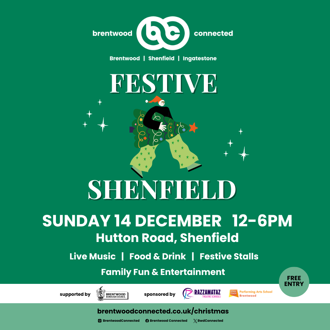 Poster promoting Festive Shenfield from Brentwood Connected on Sunday 14 December 2025.