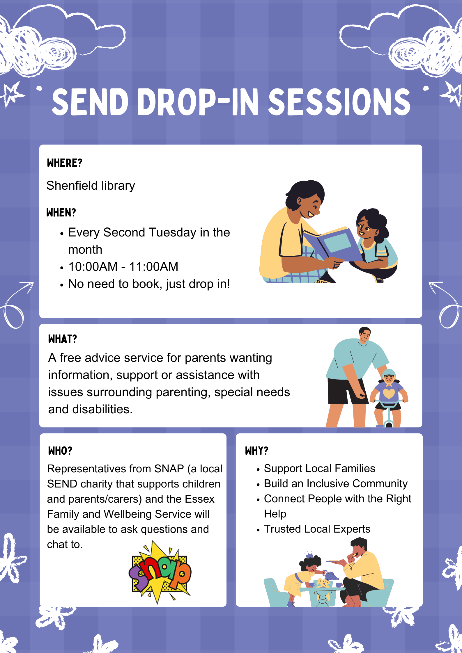 Poster promoting SEND drop-in sessions at Shenfield Library every second Tuesday of the month.