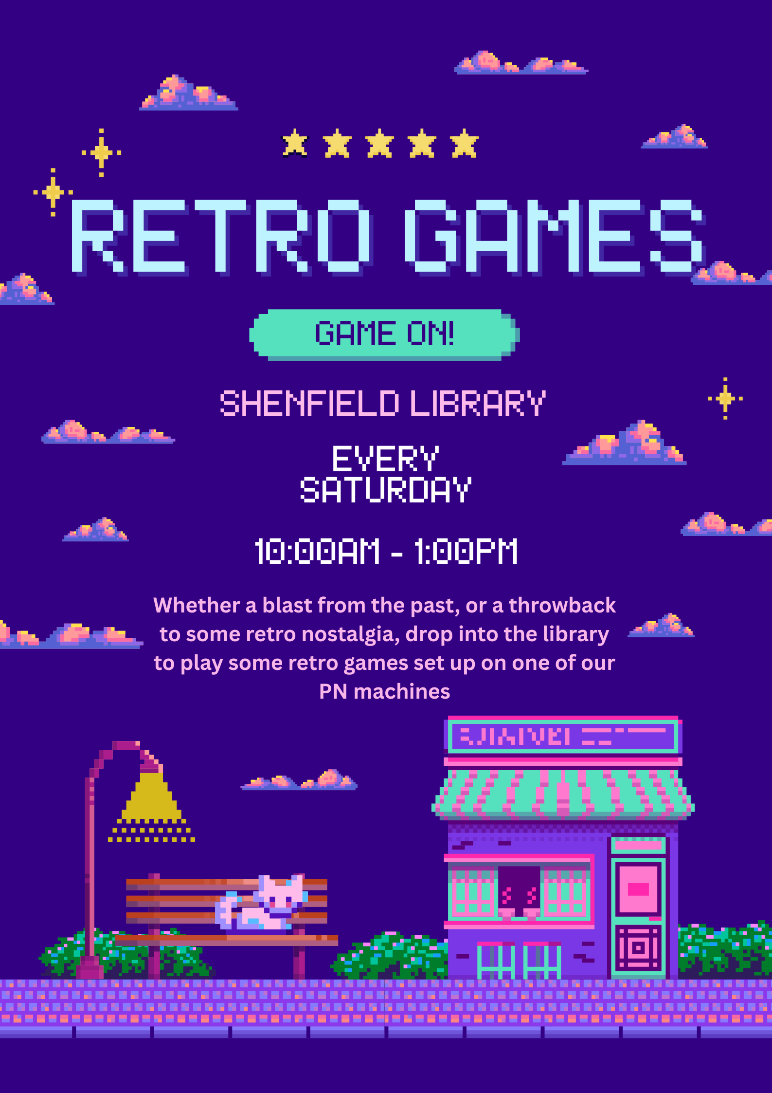 Image promoting Retro Games events at Shenfield Library every Saturday 10am - 1pm.