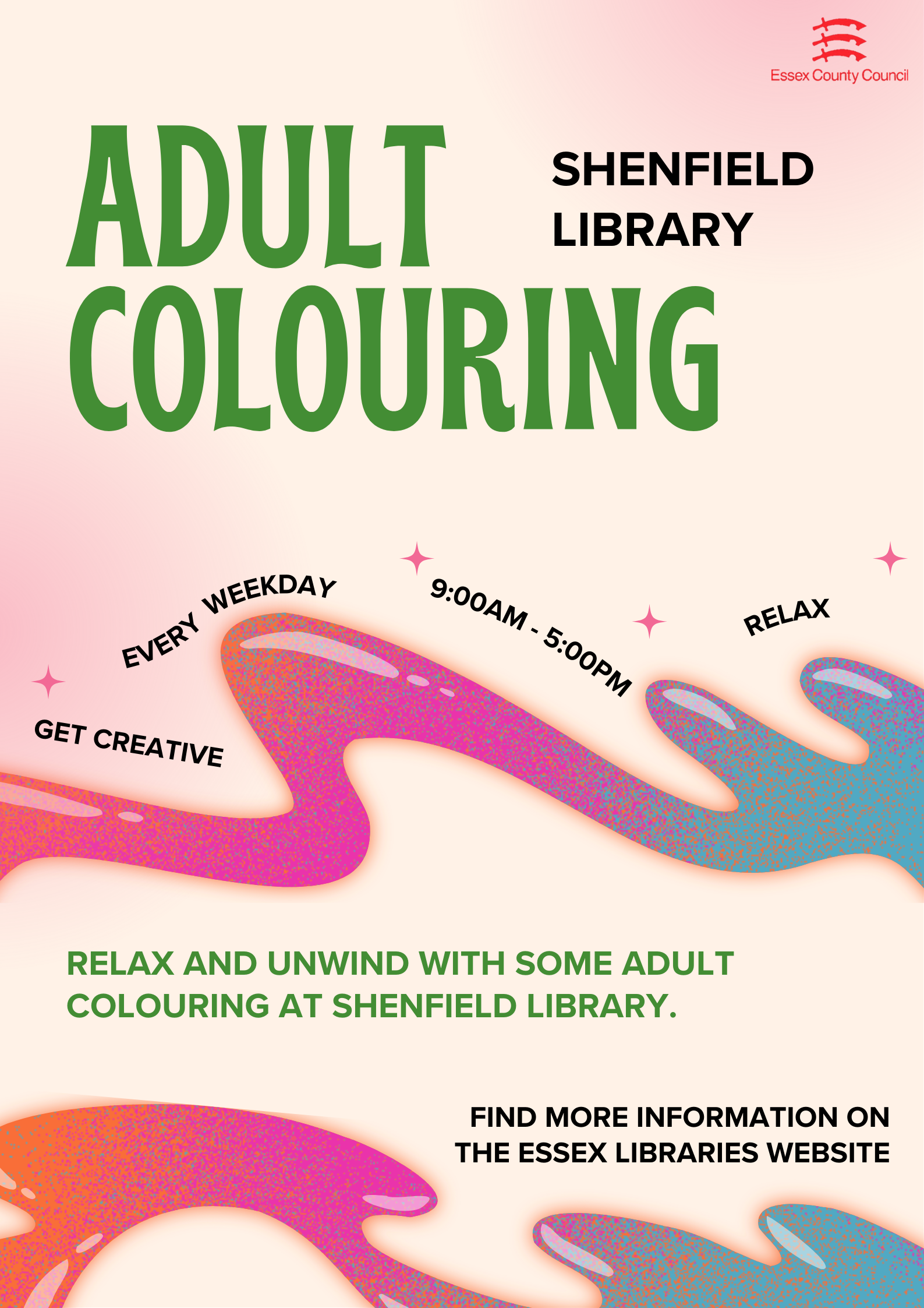 Image promoting Adult Colouring every weekday from 9-5pm at Shenfield Library.