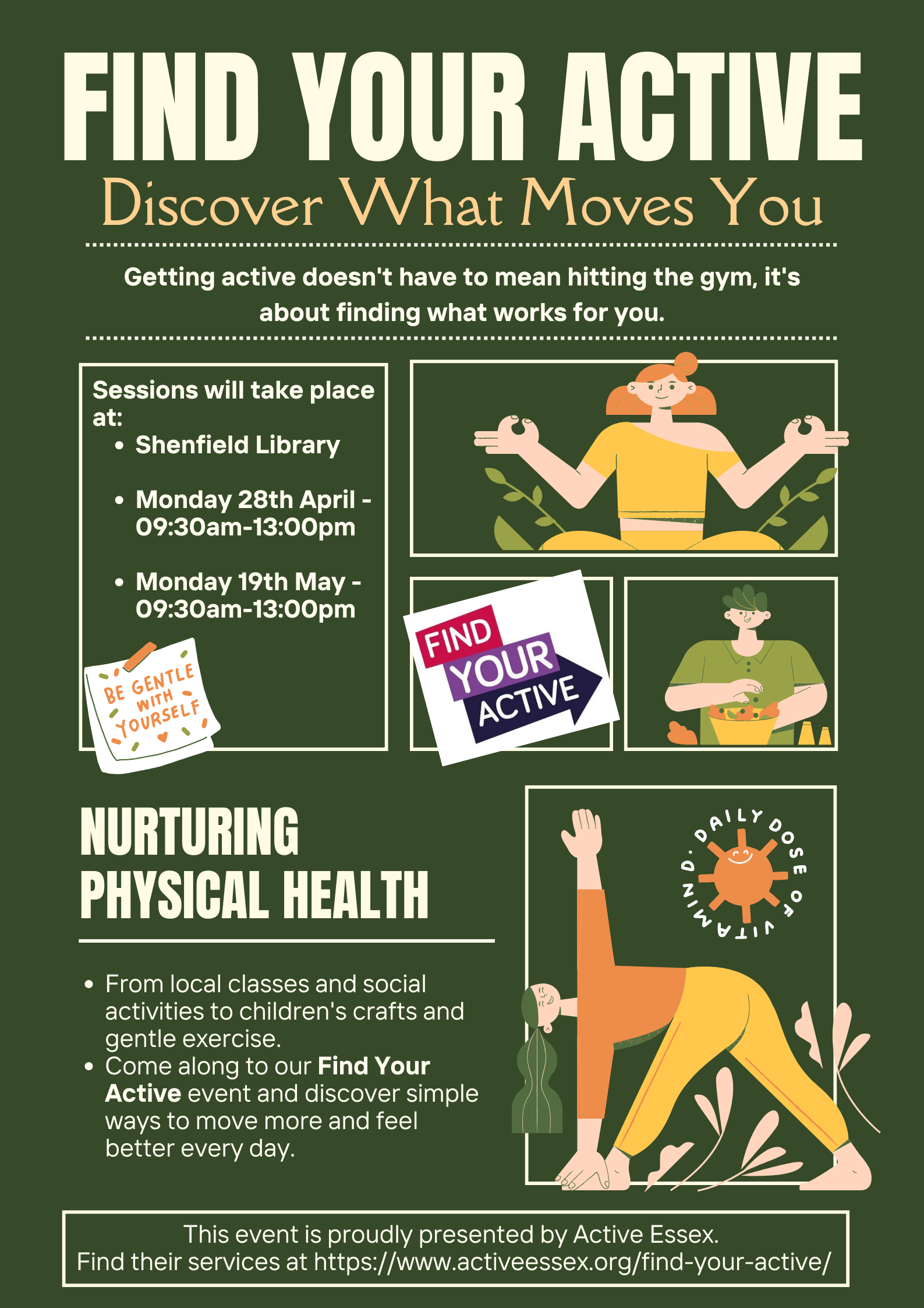 Poster promoting Find Your Active sessions at Shenfield Library