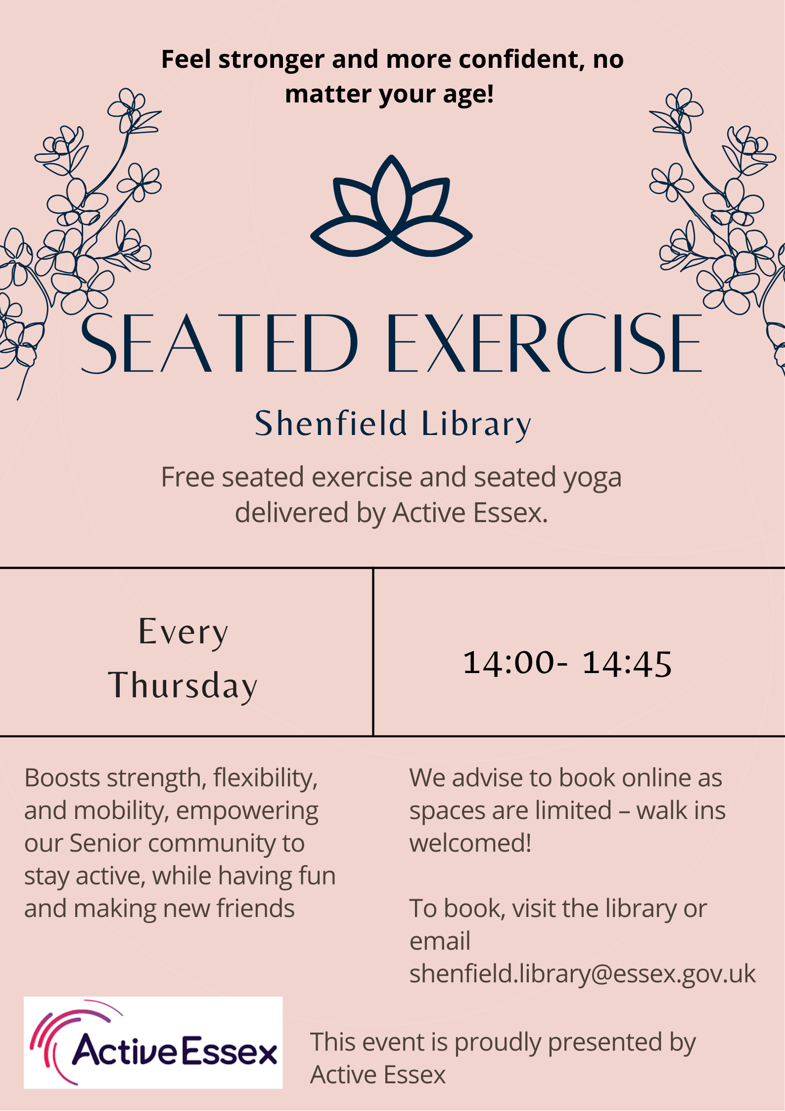 Poster for seated exercise sessions at Shenfield Library every Thursday.