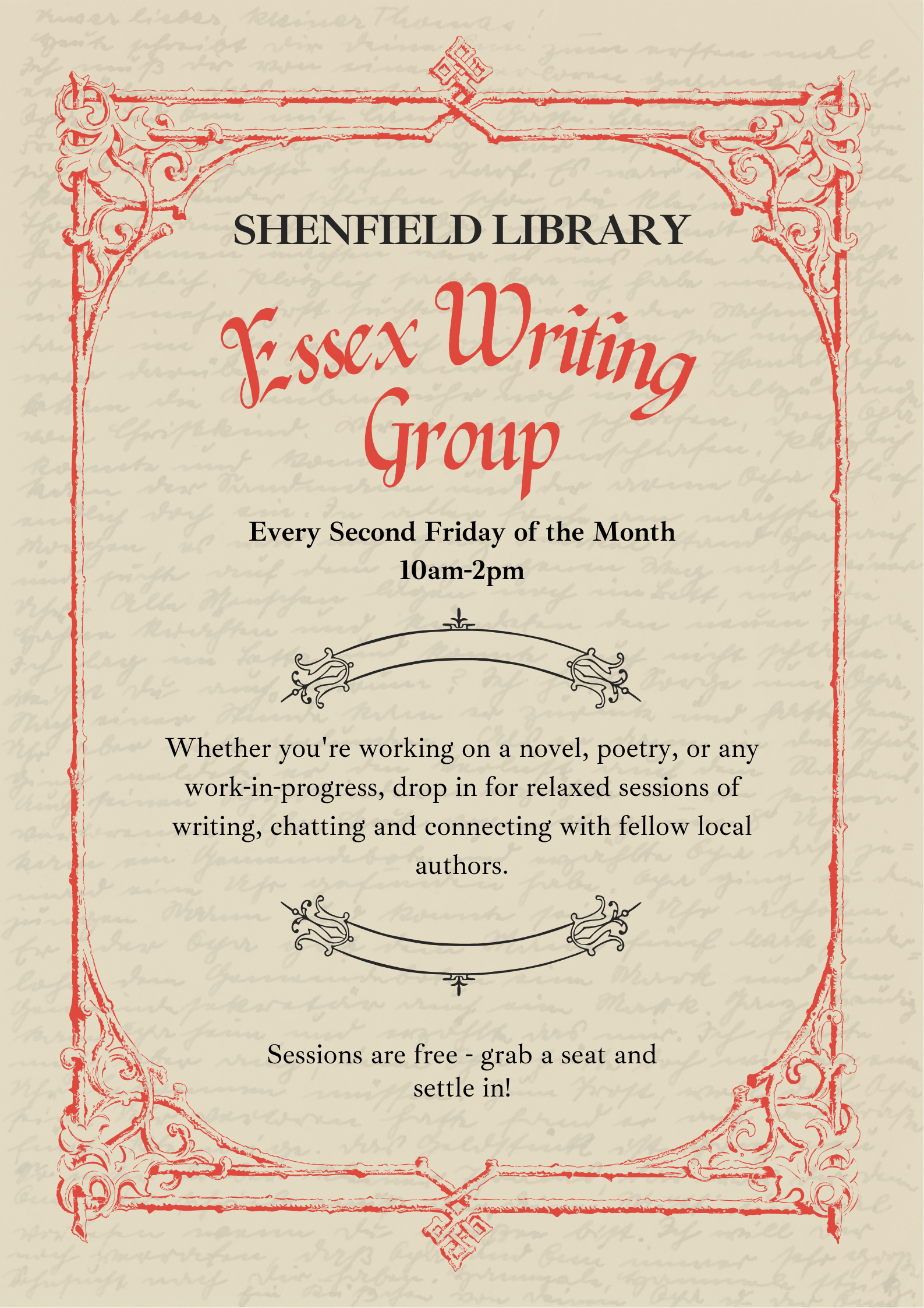Image promoting the Essex Writing Group meeting at Shenfield Library, taking place on the second Friday of each month.