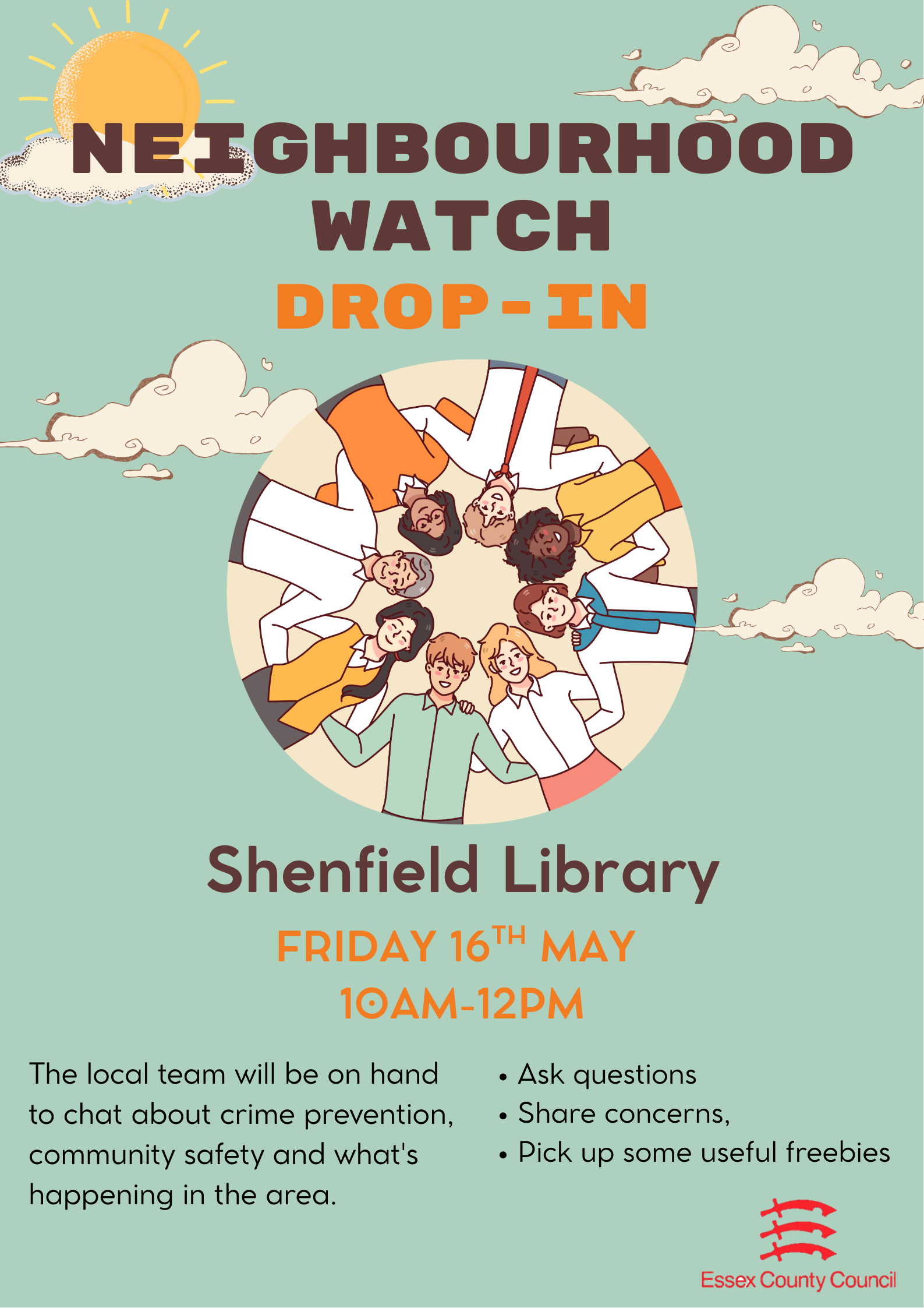 Image promoting a Neighbourhood Watch event at Shenfield Library on 16 May from 10am.