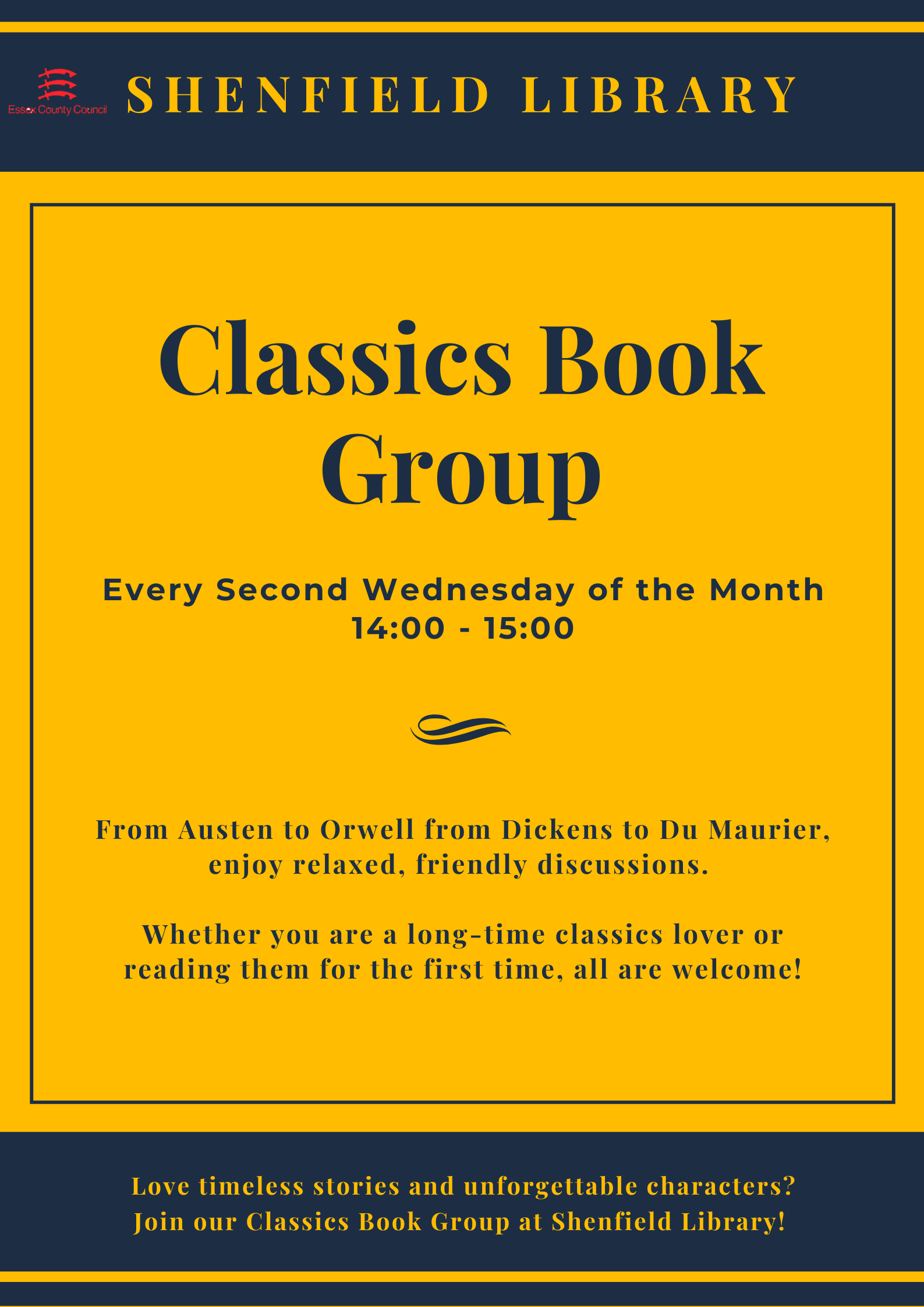 Poster for Classics Book Club at Shenfield Library, taking place every second Wednesday of the month.