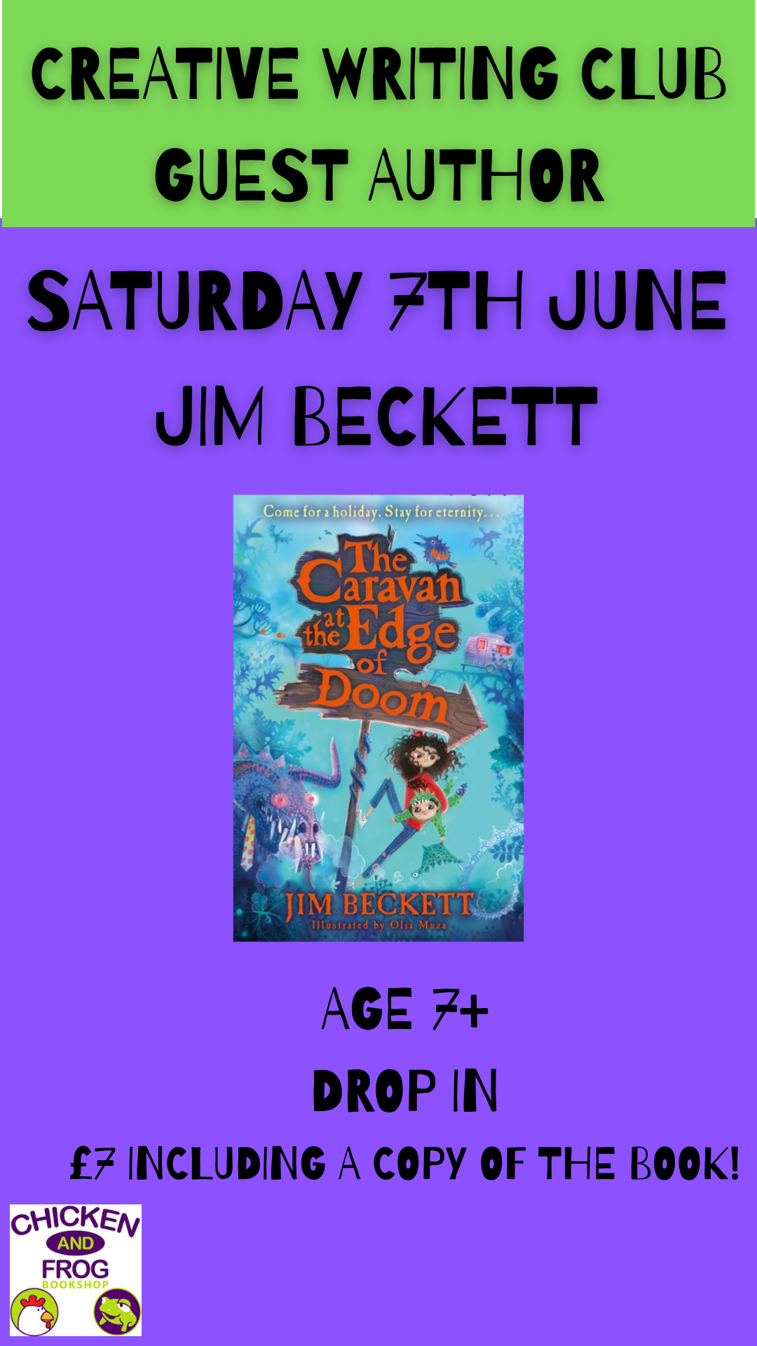 Image promoting creative writing club with author Jim Beckett at Chicken and Frog Bookshop on Saturday 7 June 2025 from 4pm.