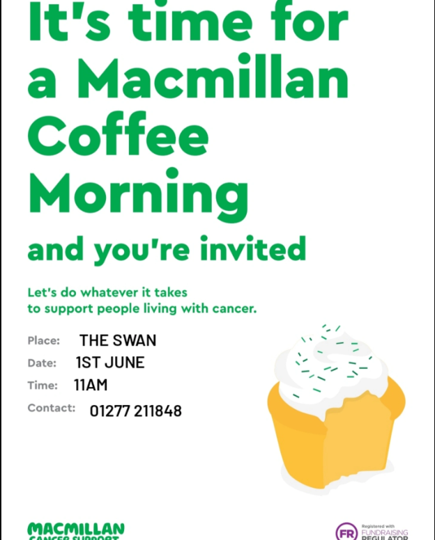Image promoting a Macmillan coffee morning at The Swan on Sunday 1 June 2025.