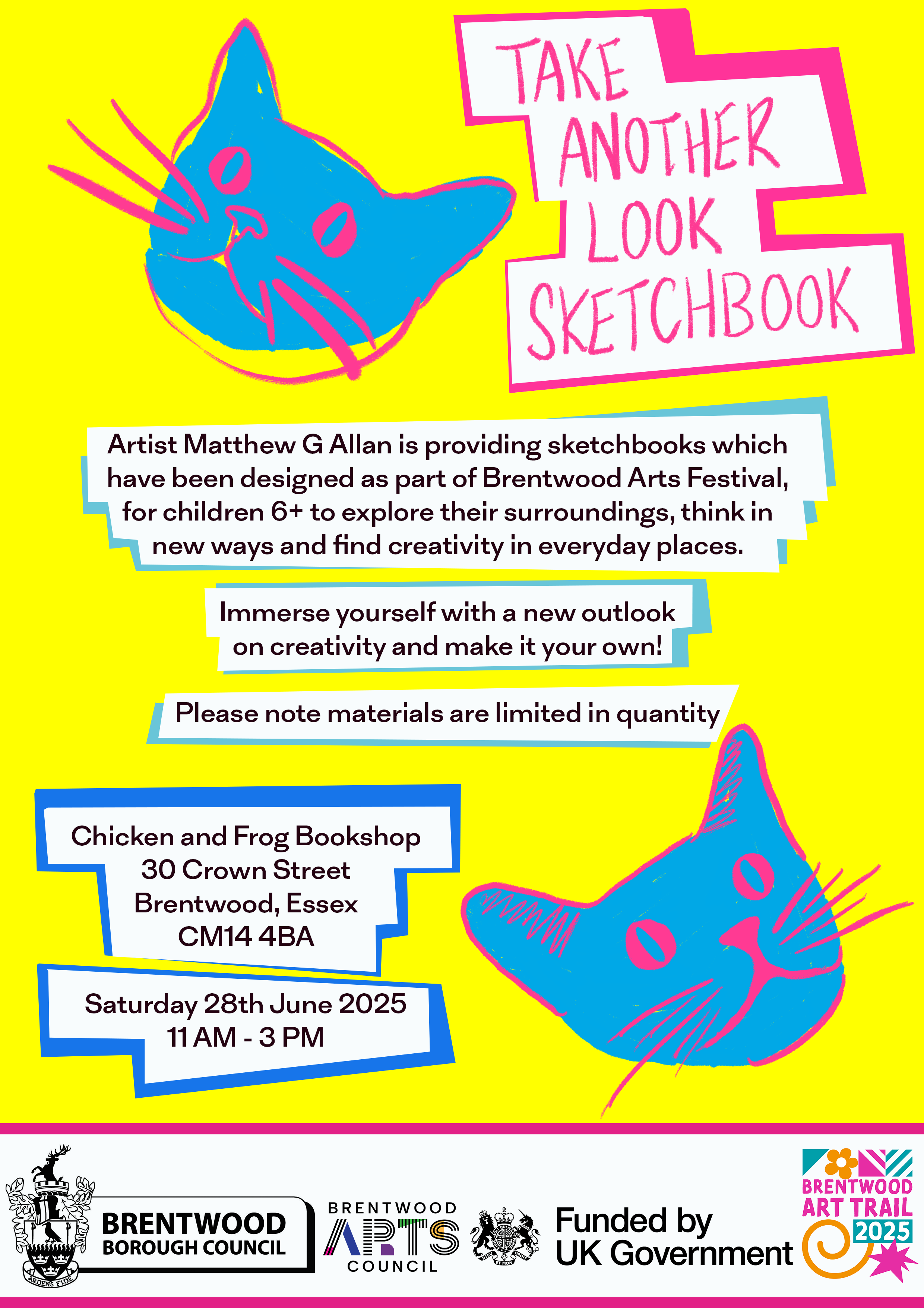 Poster for 'Take Another Look Sketchbook' event on Saturday 28 June at Chicken & Frog Bookshop from 11am.