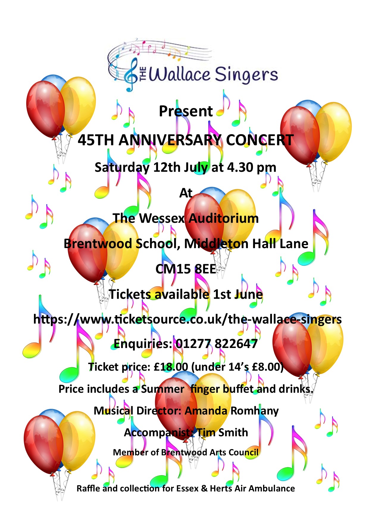 Poster promoting The Wallace Singers' 45th anniversary on Saturday 12 July 2025.
