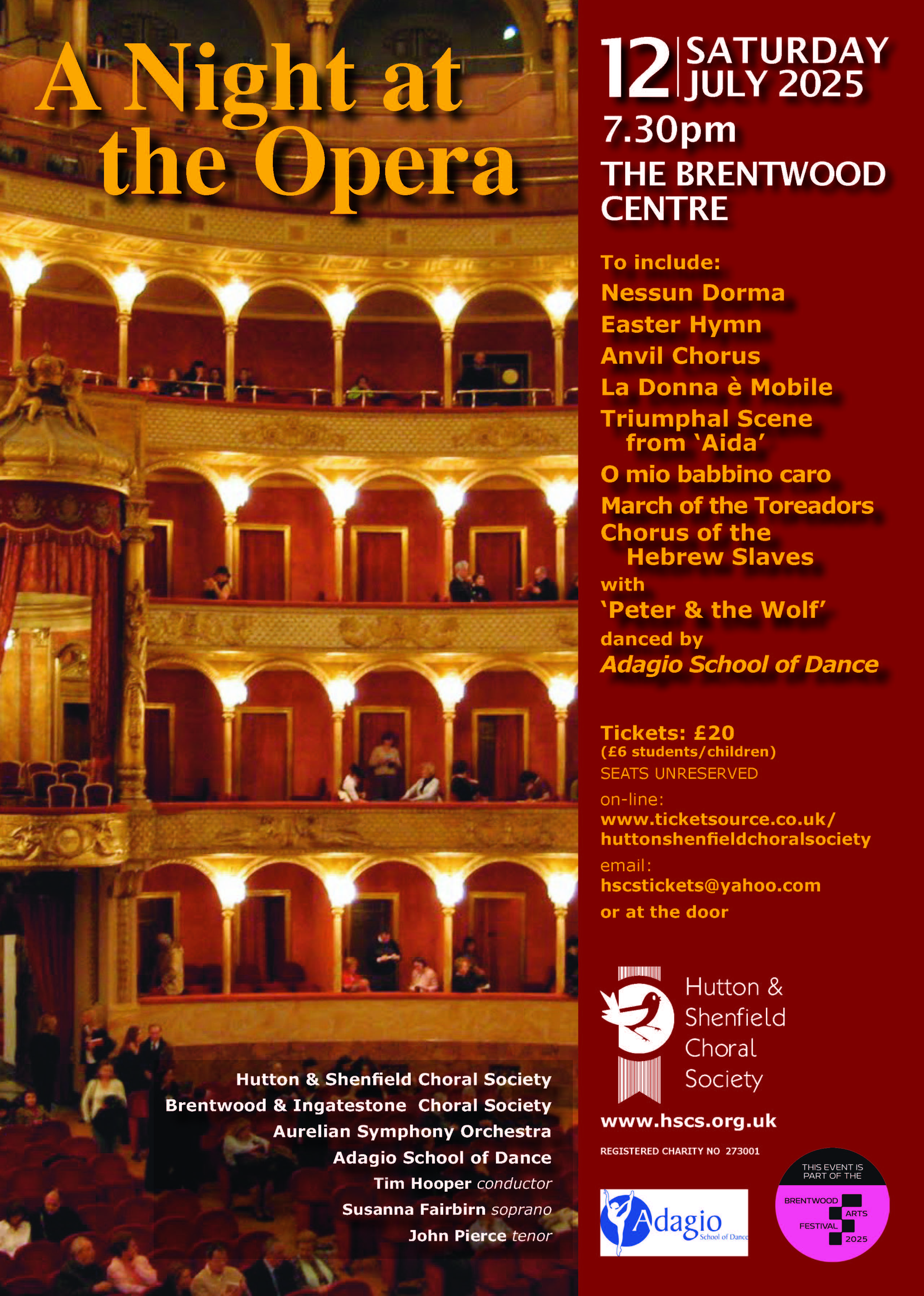 Image promoting A Night At The Opera from Hutton & Shenfield Choral Society at the Brentwood Centre on Saturday 12 July.