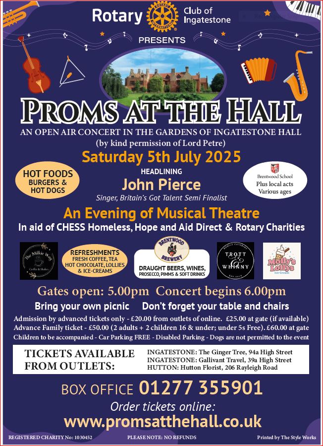 Image promoting 'Proms At The Hall', a music event from the Rotary Club of Ingatestone, at Ingatestone Hall on Saturday 5 July