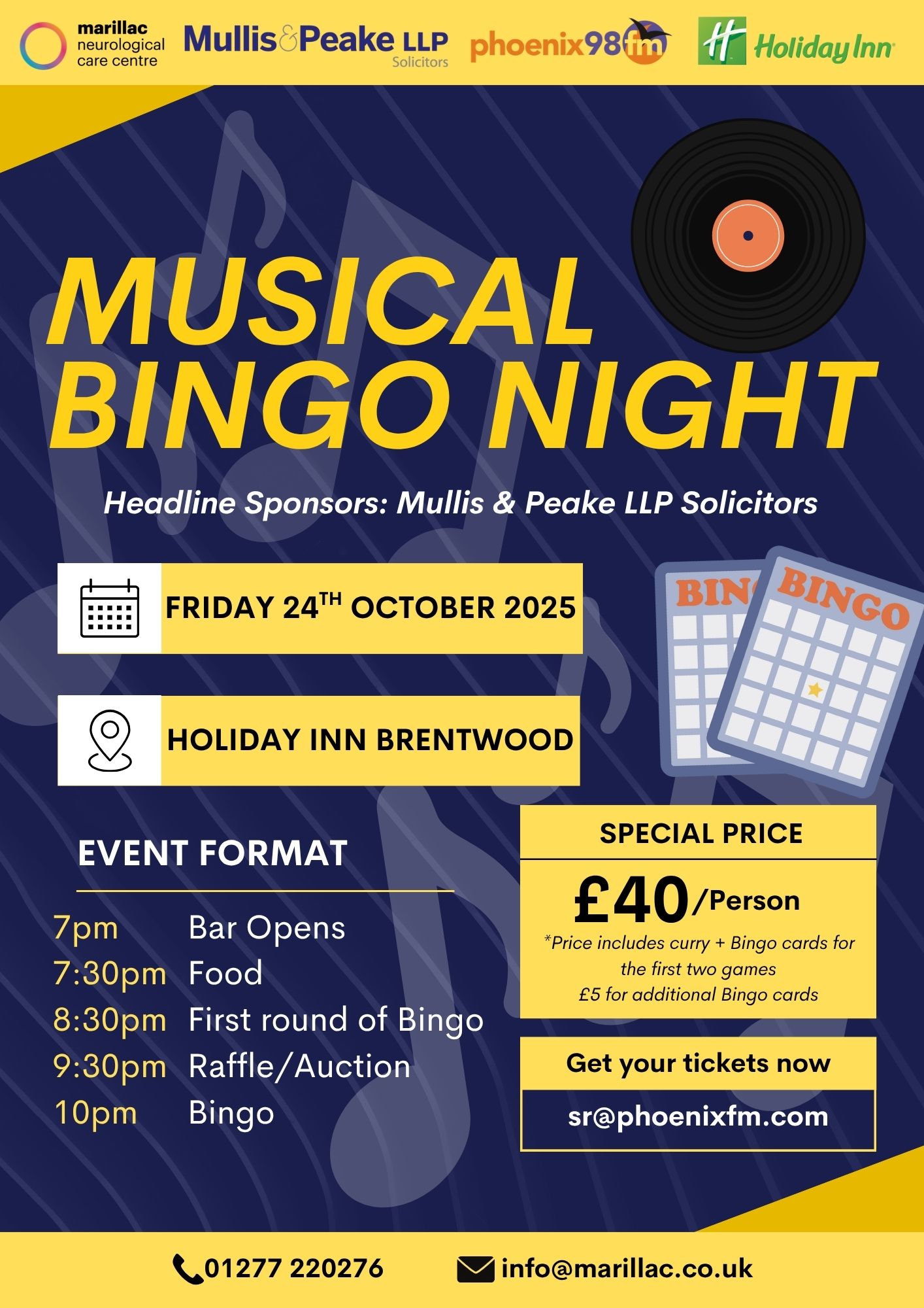 Image promoting Musical Bingo Night for Marillac Neurological Care Centre at Holiday Inn Brentwood on Friday 24 October 2025
