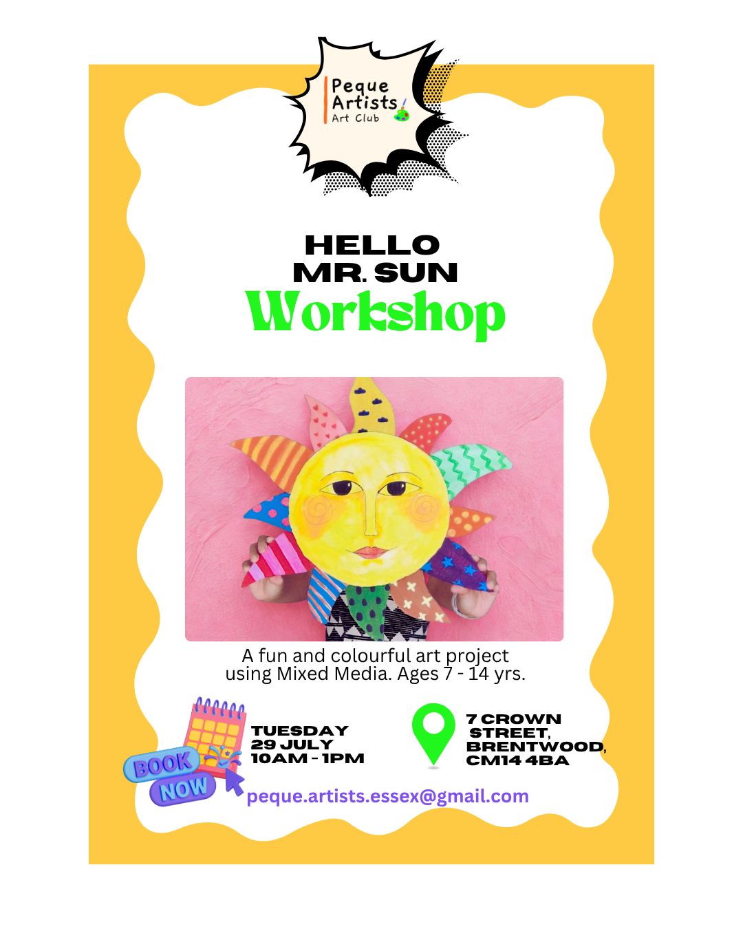 Image promoting a Peque Artists workshop on Tuesday 29 July 2025.