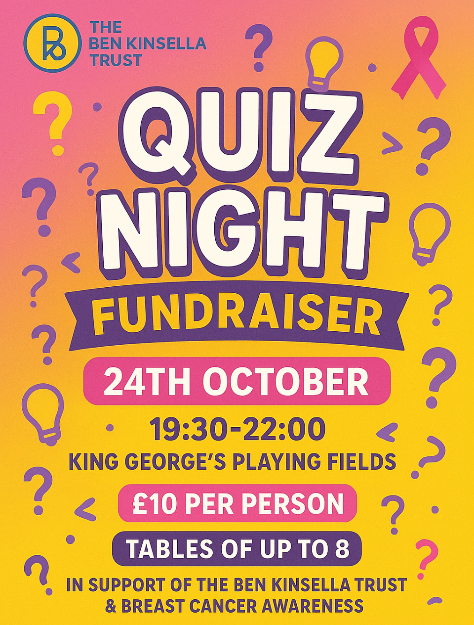 Poster for Quiz Night Fundraiser at King George's Playing Fields on 24 October 2025.