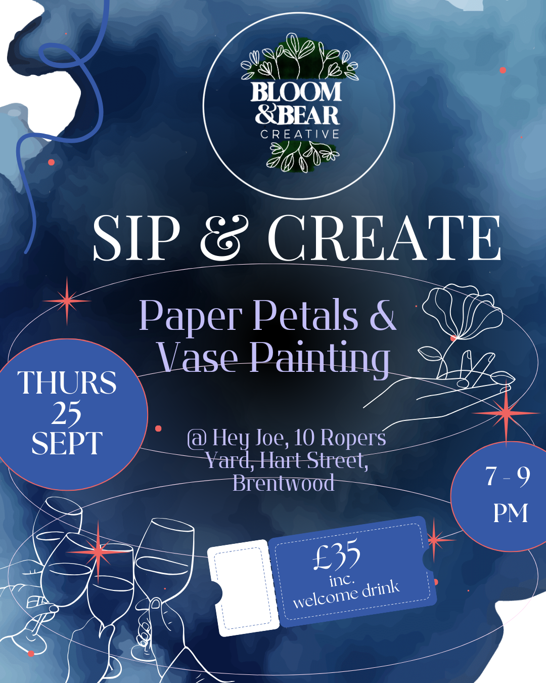 Poster for Bloom & Bear Creative's paper petals workshop at Hey Joe Music & Coffee on 25 September.