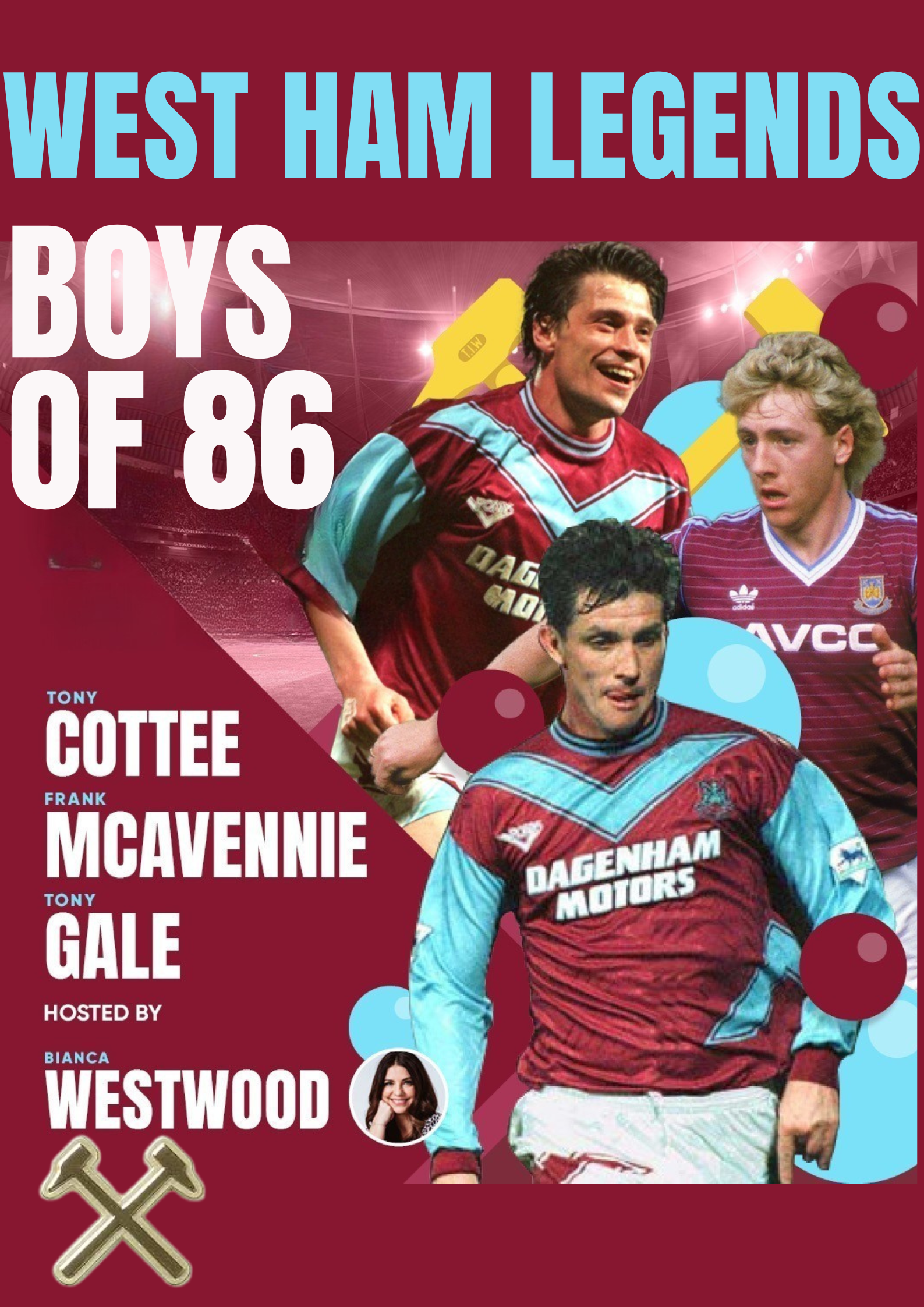 West Ham poster with players Cottee, McAvennie, and Gale in vintage kits.