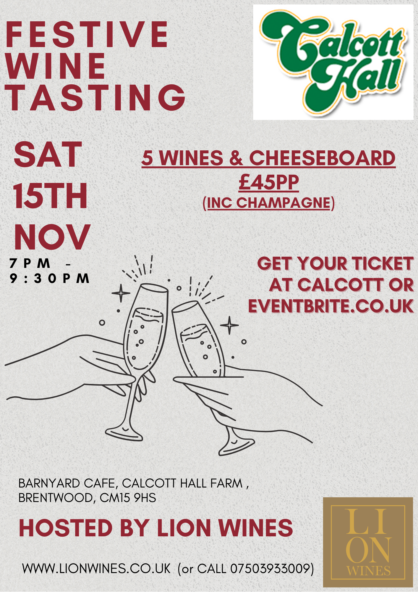 Poster for festive wine tasting at Calcott Farm with date and venue details, featuring clinking wine glasses.