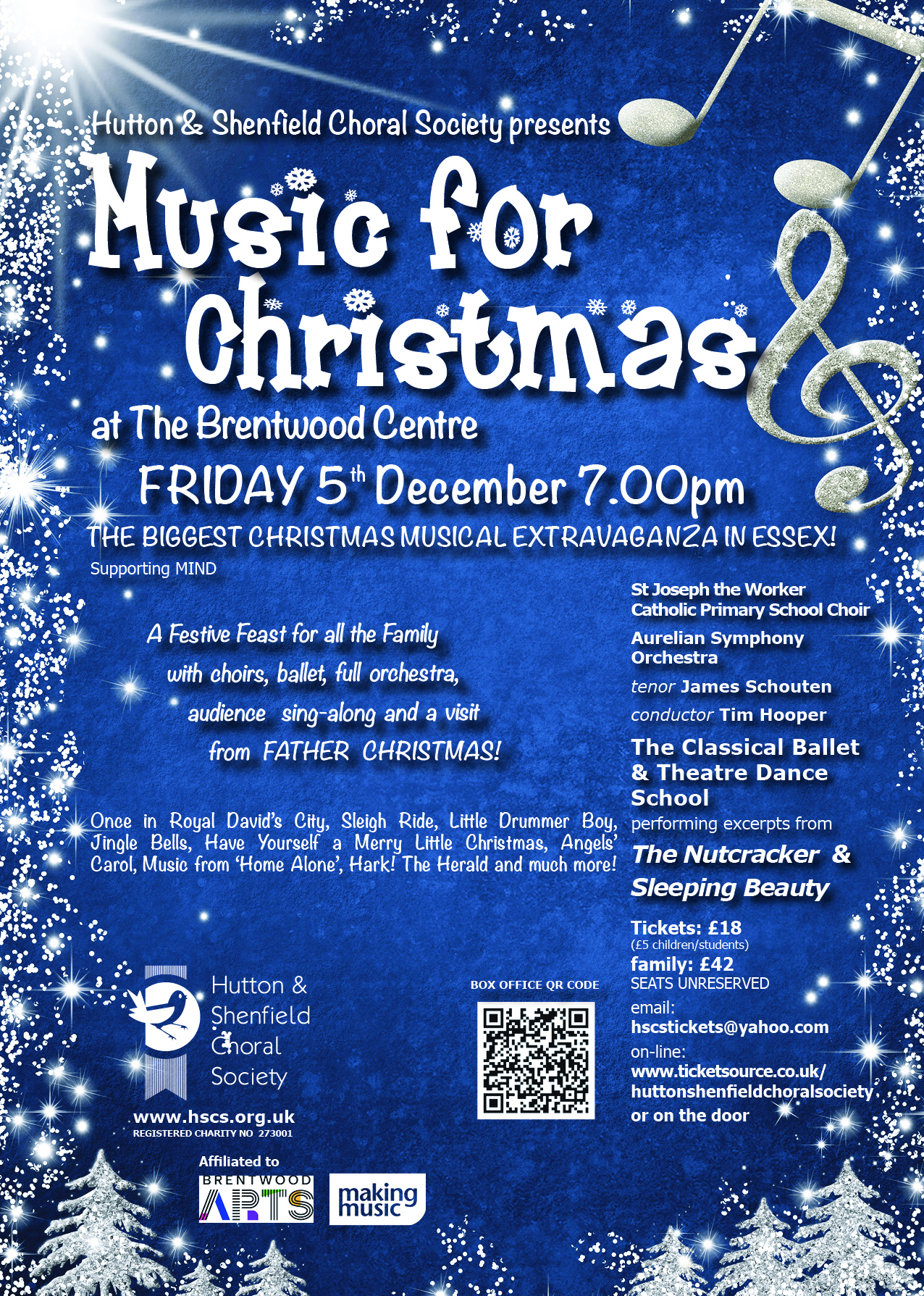 Music for Christmas from Hutton & Shenfield Choral Society event poster with snowflakes and musical notes.