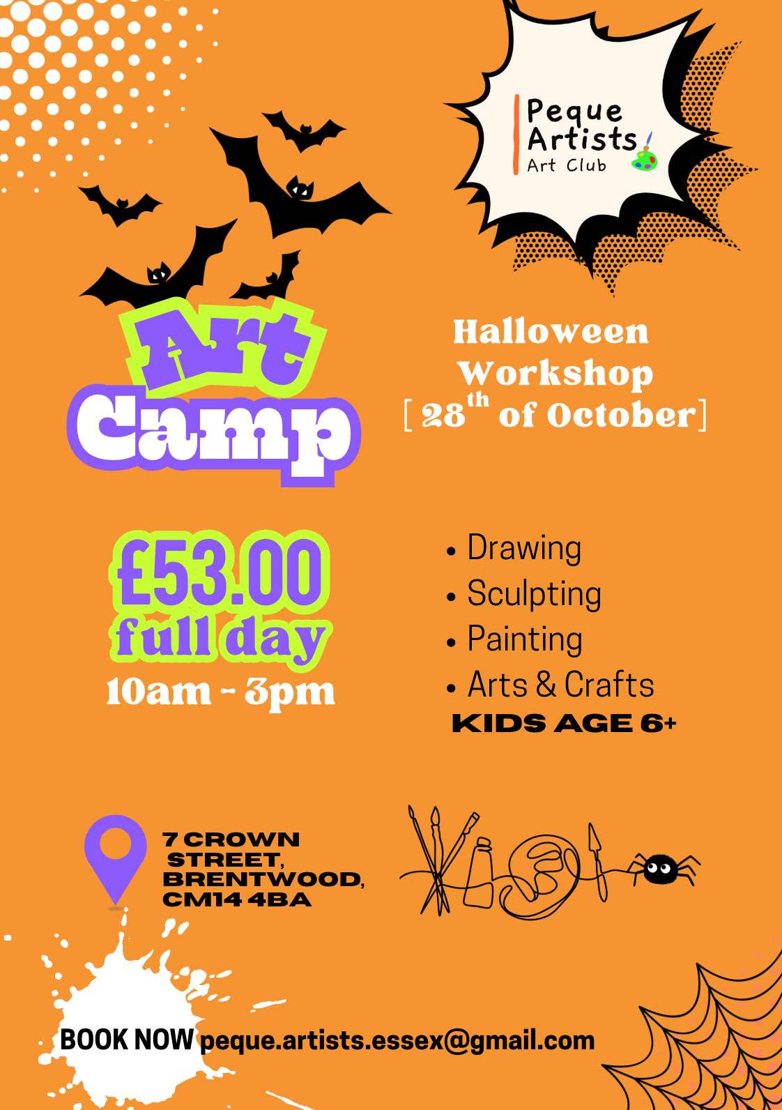 Halloween-themed art camp flyer with bats and cobwebs.