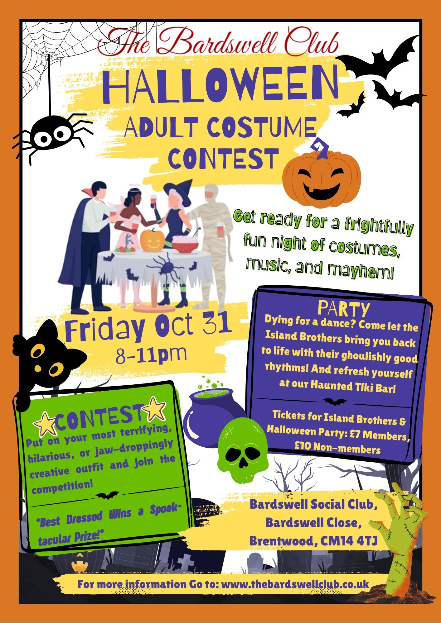 Poster promoting an adult Halloween costume competition event at the Bardswell Social Club in October 2025.