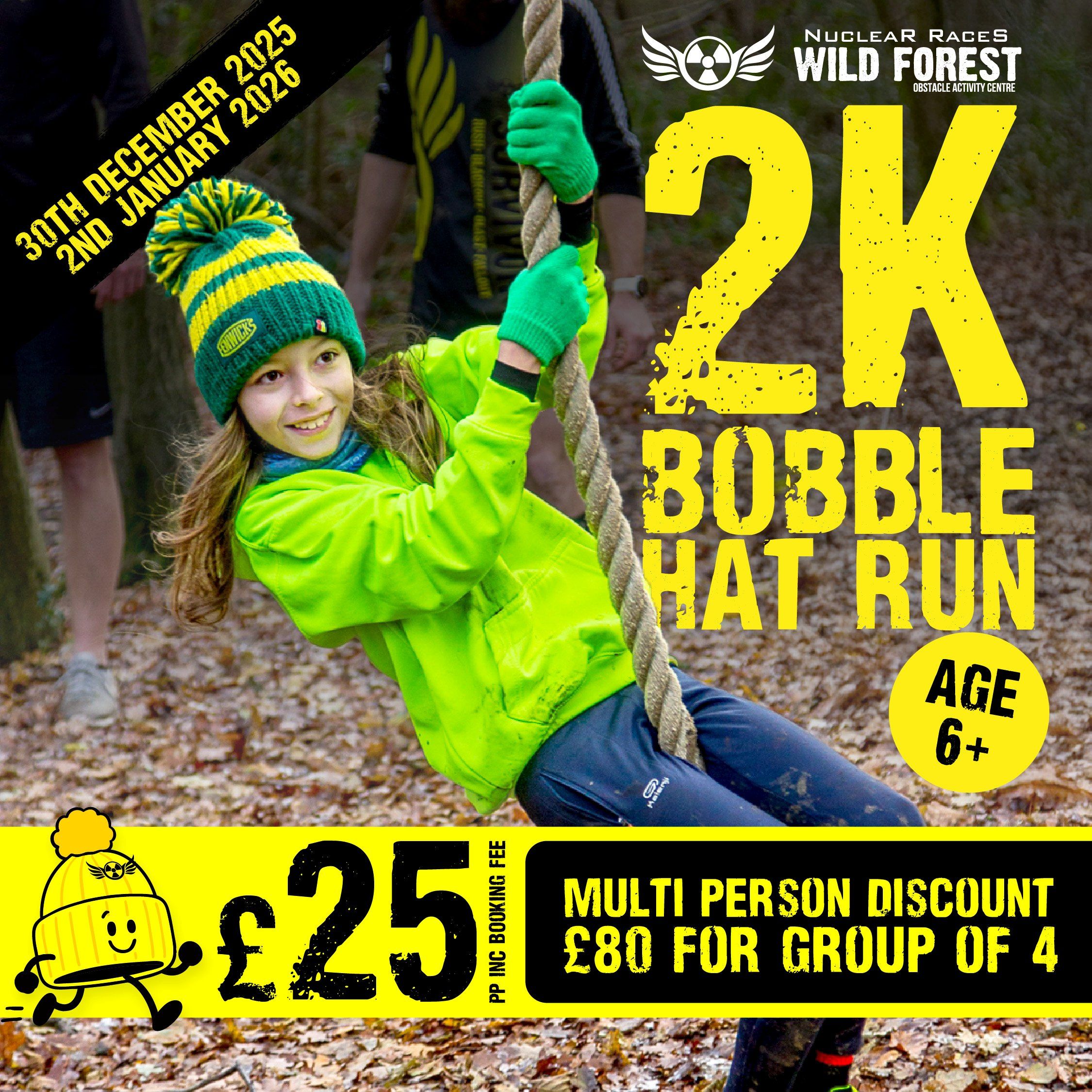Image promoting the 2K Bobble Hat Run at Nuclear Races Wild Forest in Winter 2025.