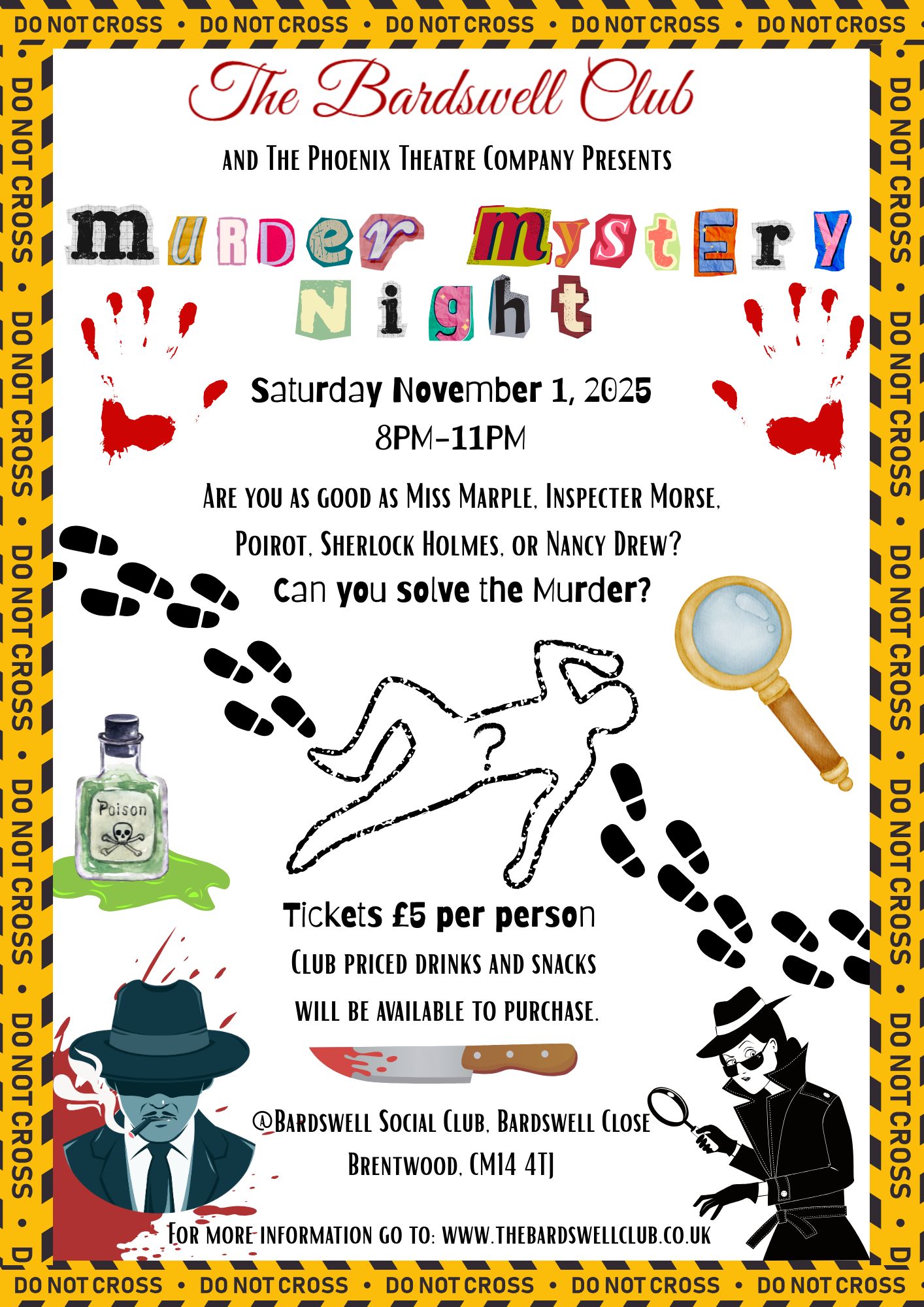 Poster promoting a Murder Mystery Night at the Bardswell Social Club in November 2025, with 'do not cross' tape around the outside.