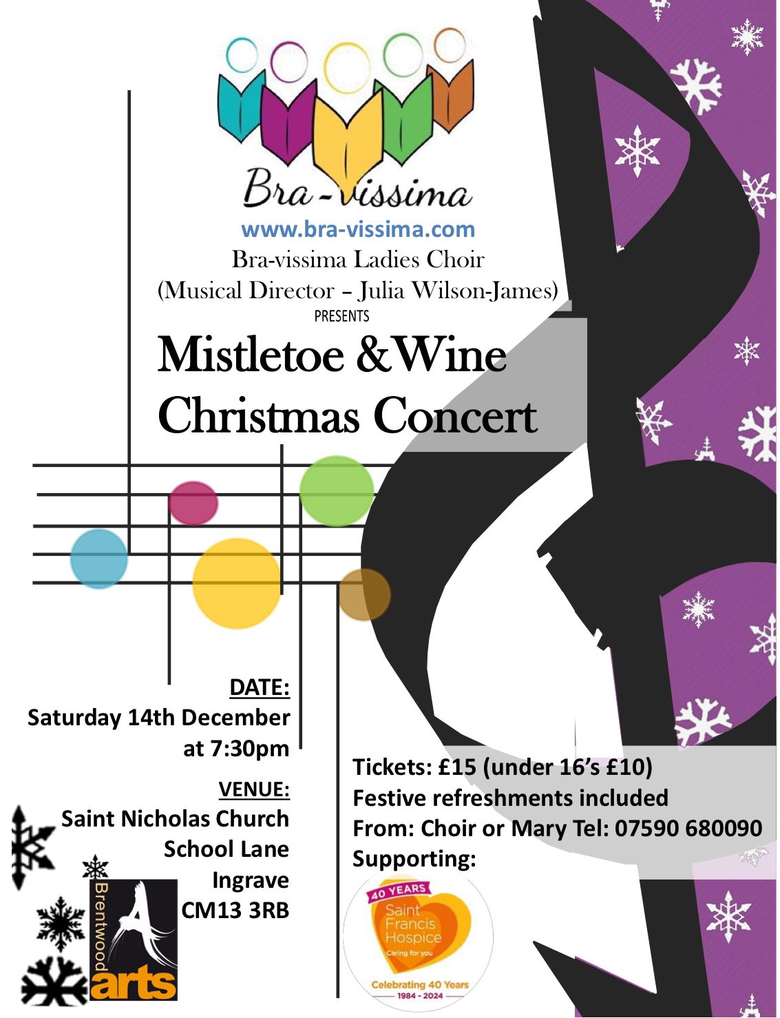 Christmas concert poster for Bra-vissima Choir on Saturday 14 December from 7.30pm at St. Nicholas' Church, Ingrave, with musical notes and snowflakes on the design.