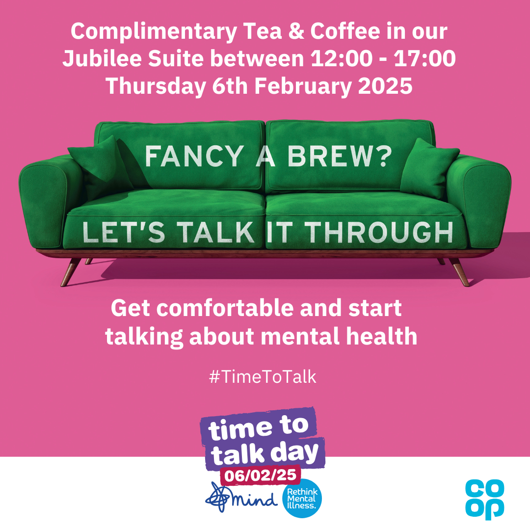 Image promoting Time To Talk day at King George's Playing Fields on Thursday 6 February 2025. Image shows a green sofa with the words 'FANCY A BREAK? LET'S TALK IT THROUGH'. The event is supported by Mind Charity and the Co-Op