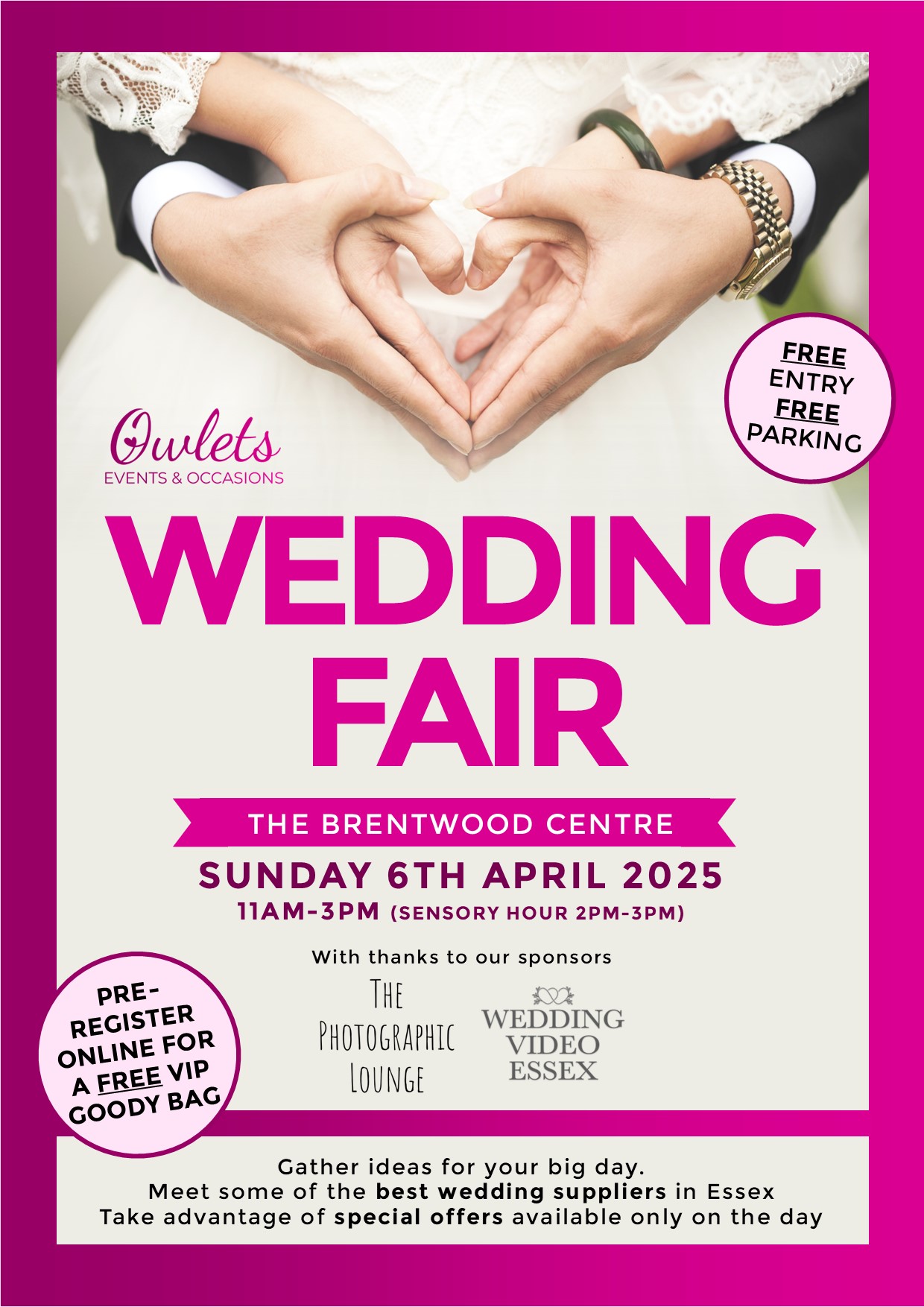 Wedding fair poster, pink text on white background with heart-shaped hands, taking place on 6 April at the Brentwood Centre
