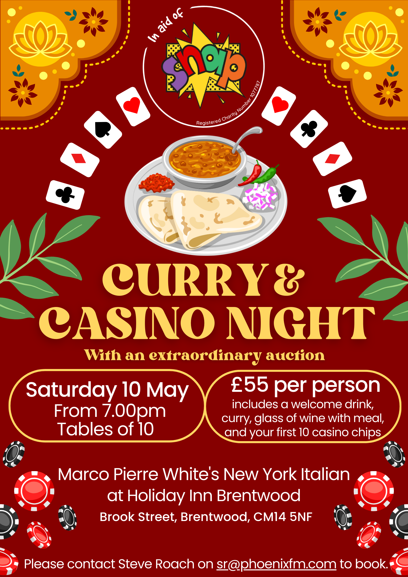 Curry and casino night promotional poster with a bowl of curry and playing cards.  Event takes place in aid of SNAP Charity on 10 May at Marco's Italian.