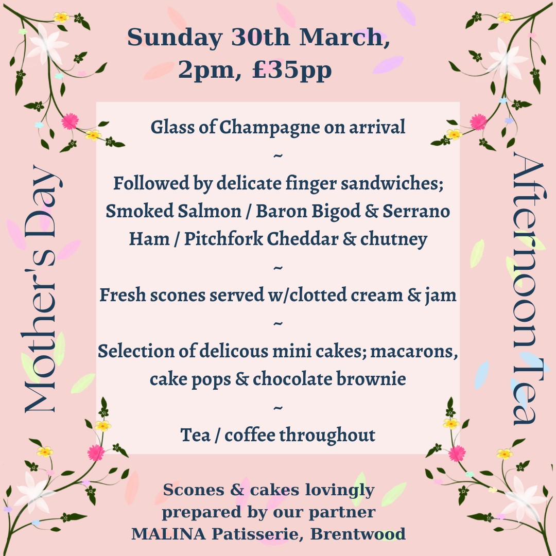 Mother's Day afternoon tea menu with floral border, taking place at Liquorice Wine & Deli on Sunday 30 March from 2pm.