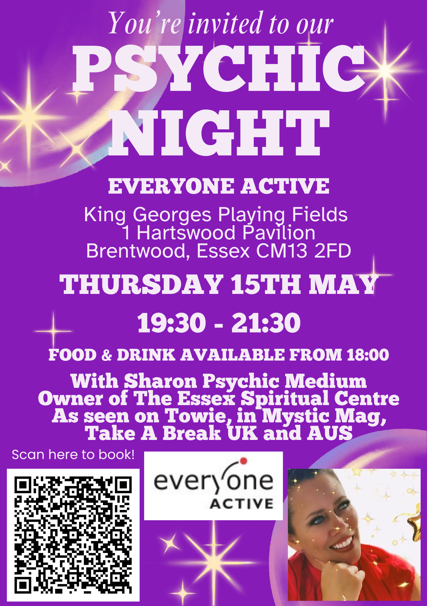 Image promoting Psychic Night with Sharon at King George's Playing Fields on Thursday 15 May.
