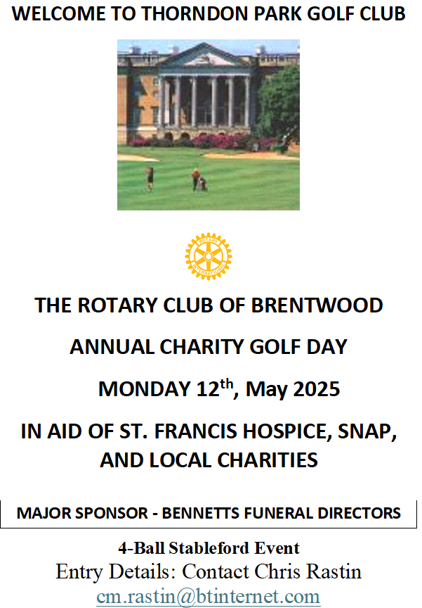 Charity golf day poster for Rotary Club of Brentwood at Thorndon Park Golf Club on 12 May 2025