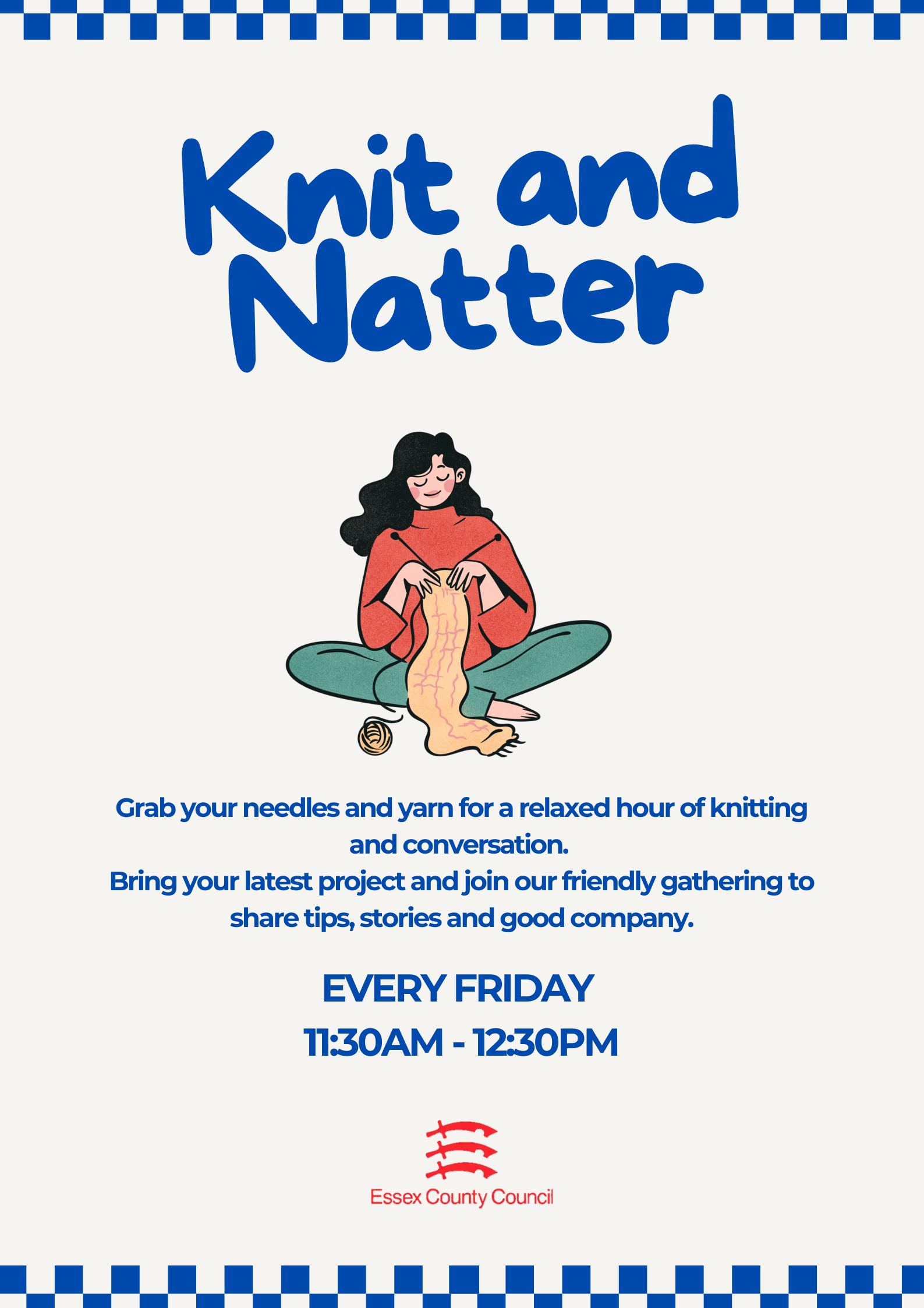 Poster for Knit and Natter every Friday at Shenfield Library