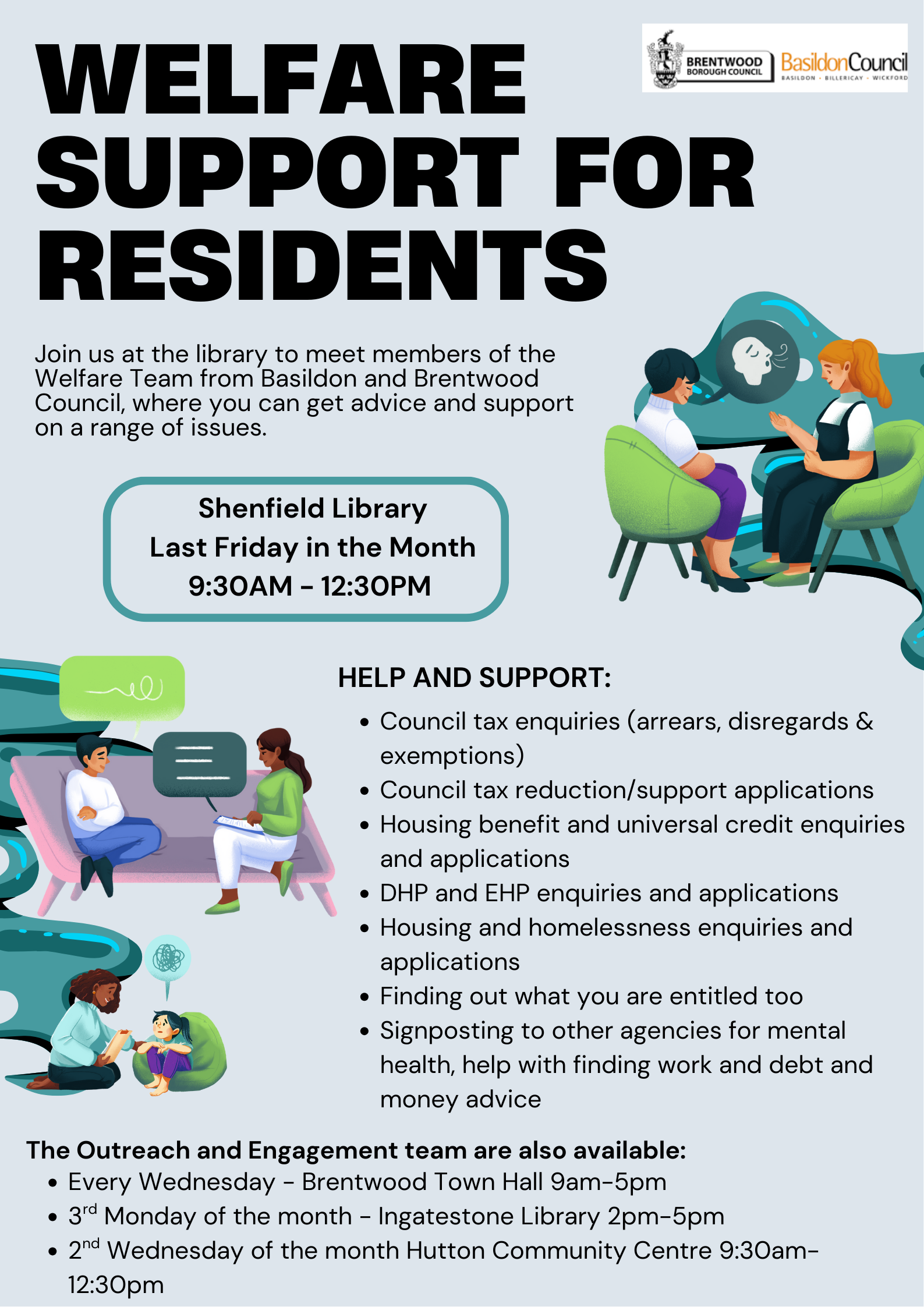 Poster promoting Welfare Support for Residents at Shenfield Library on the last Friday of each month.