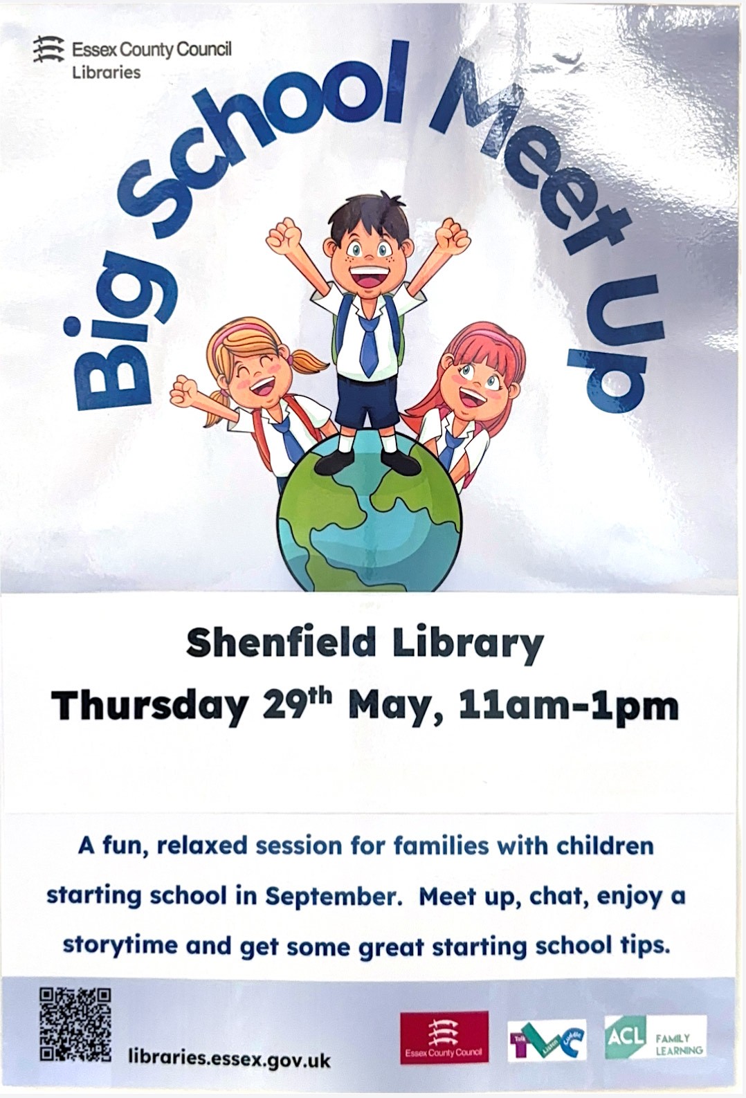 Poster for 'Big School Meet Up' at Shenfield Library, on Thursday 29 May.