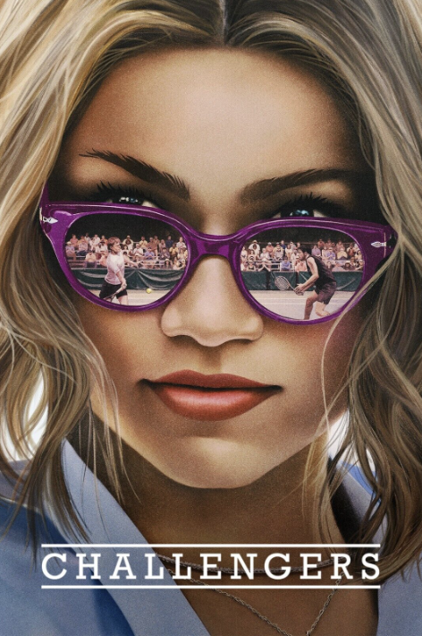 The image is a movie poster for the film Challengers. It features a close-up of a woman with blonde hair wearing purple sunglasses. The reflection in the sunglasses shows a tennis match in progress, with two players on the court in front of a cheering crowd. The player's intense action is captured in both lenses. The title "CHALLENGERS" is written at the bottom in bold, white capital letters. The overall tone suggests a mix of drama and competition, likely focused on the world of tennis.